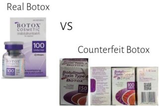 Depicts the difference of packaging between real legitimate Botox, and counterfeit botox packages.
