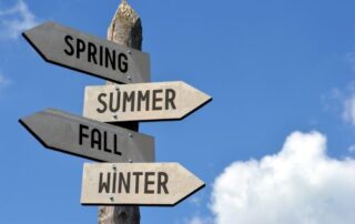 A a wooden signpost with the four seasons, spring, summer, fall, and winter, printed on arrow shaped signs, pointing in different directions.