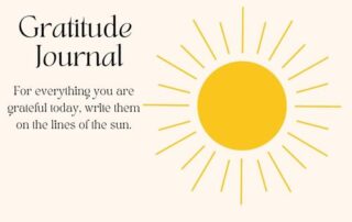 A beige background showcases a large yellow sun with lines radiating outward. The text on the left invites you to use this gratitude journal, urging, "For everything you are grateful for today, write them on the lines of the sun.